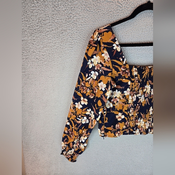 Vigoss Womens Summer Crop Top Long Sleeve Smoked Cuffs Side Zip Floral Browns - Picture 10 of 14